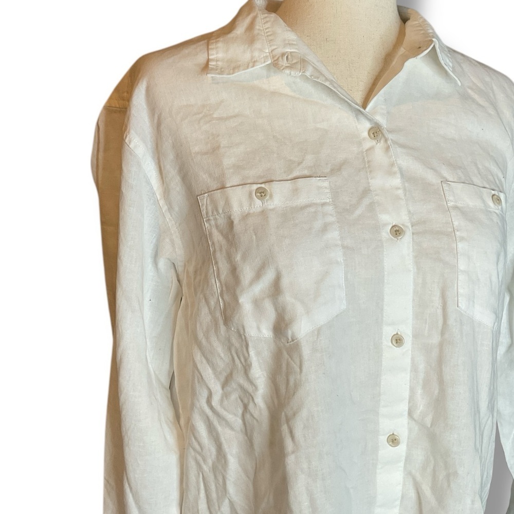 Eddie Bauer White Linen Cotton Blend Collared Button Up Shirt Size Small